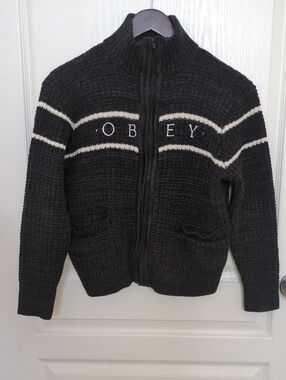 Obey Black Zip Sweater with Cream Stripes